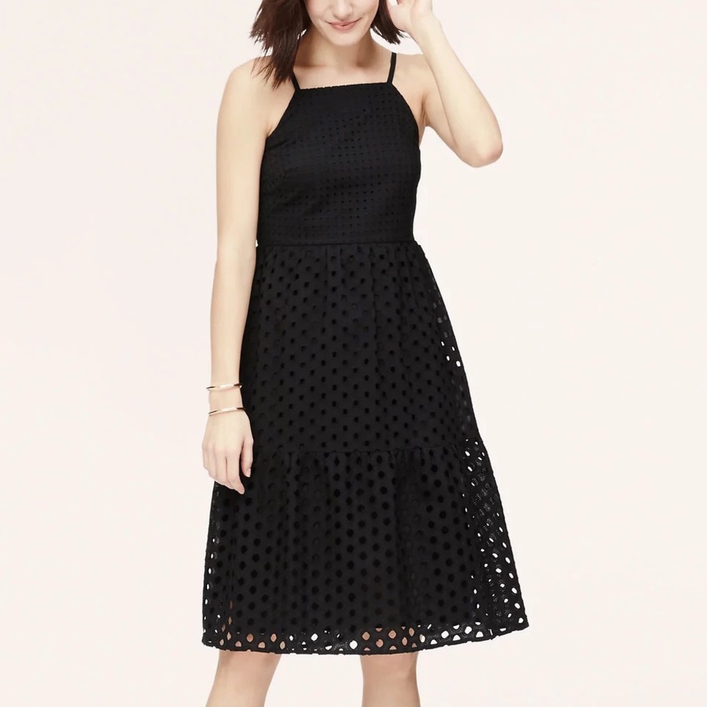 LOFT Women's Sz 6P Black Mixed Eyelet Sleeveless Tiered Knee Length Cami Dress